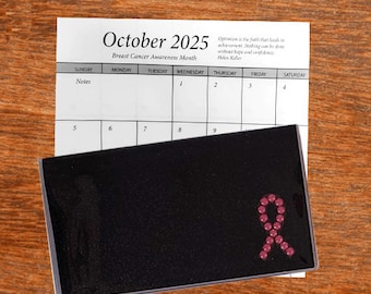 3 Year 2024 2025 2026 Pocket Calendar Planner | Bling Glitter Breast Cancer Ribbon | Notepad