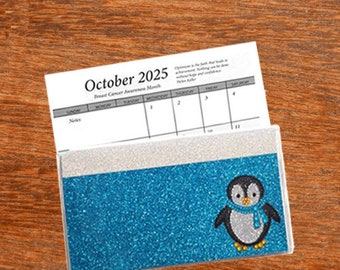 2 Year 2024 2025 Pocket Calendar Planner | Bling Glitter Teal Penguin | Notepad