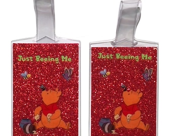 Red Pooh | Large Luggage Cruise Tags with Name Cards | Strong Self Looping Tags | Diaper Bag Tags | Kids Tags | Laptop Bag Tags | E50