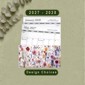 May include: A 2027-2028 calendar featuring white pages with black text, including January 2028 and May 2027 monthly grids. The bottom section displays a colorful floral pattern with various small flowers. The text 2027-2028 and Design Choices appear.