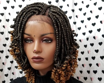 Short Curly Wig, Handmade Box Braids Curls, Ombre Braided Lace Front Wig