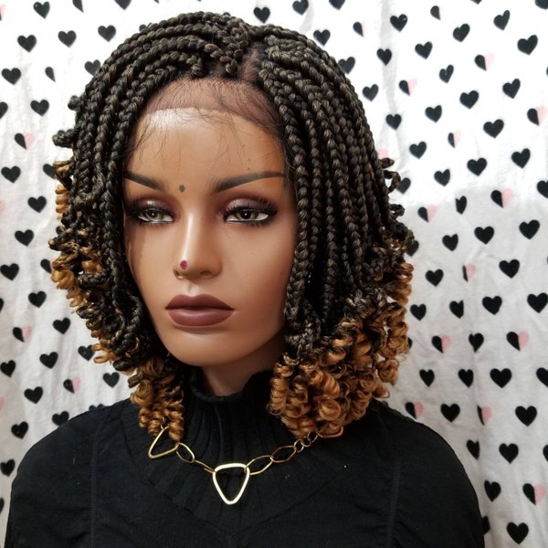 Short Curly Wig, Handmade Box Braids Curls, Ombre Braided Lace Front Wig