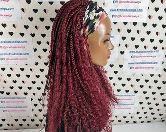 Peluca con diadema y trenzas de diosa: cabello sintético rizado color rojo burdeos