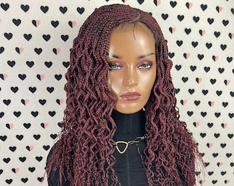 Cornrows Curly Box Braided Wigs For Black Women Lace Closure Wig Goddess Boho Braid Burgundy Red 16 Inches