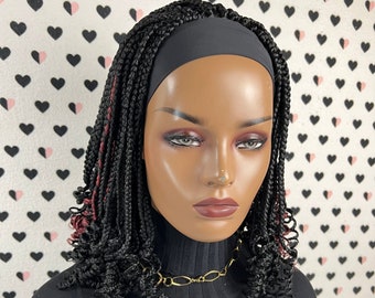 Curly Braids Headband Wig Braided Head Band Wig Braid Box Braids Wigs For Black Women With Curls 1b/Burgundy Red Highlights