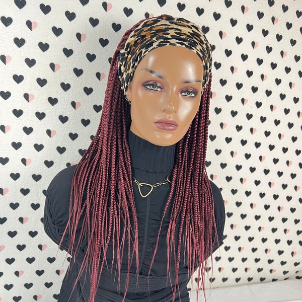 Diadema peluca trenzada banda para la cabeza caja de peluca trenzas pelucas para mujeres negras Color rojo burdeos