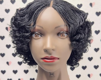 Peluca corta rizada estilo bob con microtorsiones, hecha a mano, sin pegamento, con cierre de encaje trenzado, color negro.