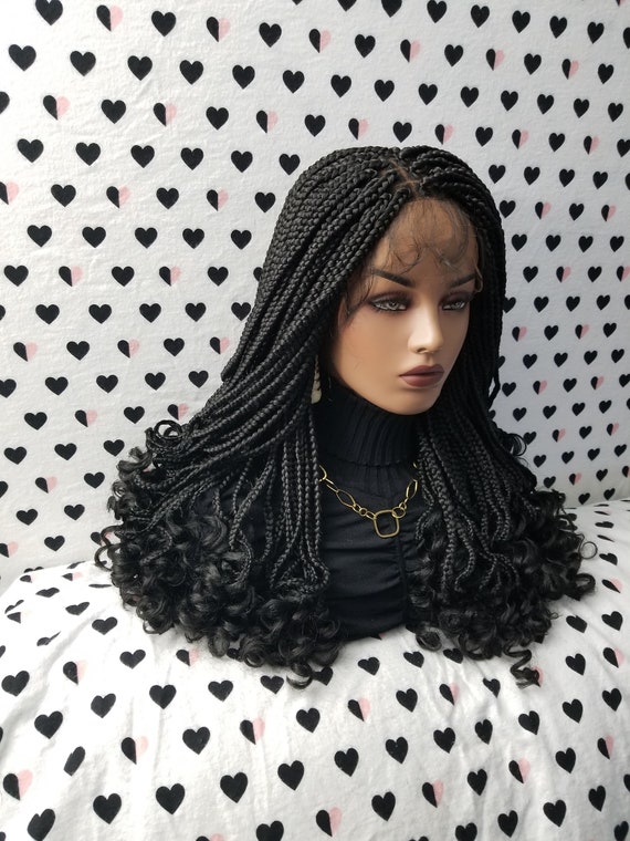 Handmade Braided Lace Wig Goddess Box Braids Lace Front Wig With Curly Tip Ends Color 1b Black