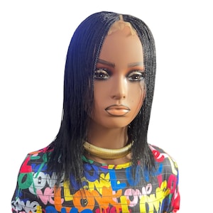 May include: A shoulder-length black braided wig with a center part and a lace front base. The wig features thin, uniform micro-braids that fall straight. The mannequin wears a gold-toned metallic choker necklace and a colorful graphic print top.