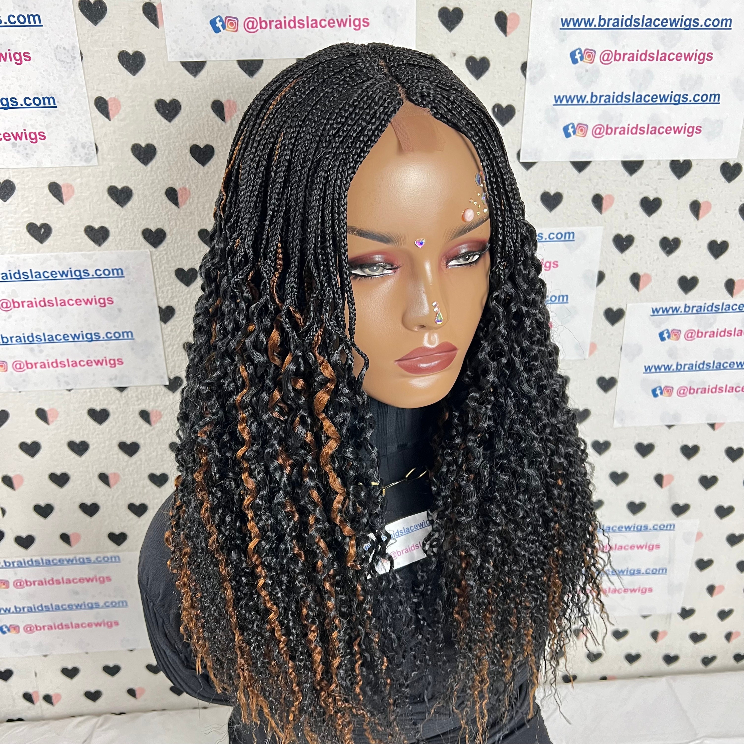 Curly Braided Wig, Half Box Braids Curls, Deep Part Lace Closure Wavy Curl Wigs For Black Women