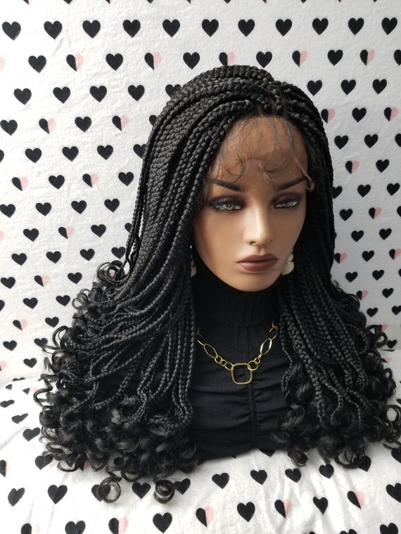 Handmade Braided Lace Wig Goddess Box Braids Lace Front Wig With Curly Tip Ends Color 1b Black