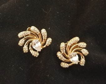 Vintage Gold Toned Spiral Stud Earrings with Clear Cubic Zirconias. 1/2" Wide
