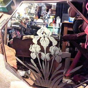 FREE SHIPPING- Vintage, Octagonal (8 Sided)  Framed Mirror by Windsor Art Studio with etched iris design. Artist Signed - Gloria Erikson