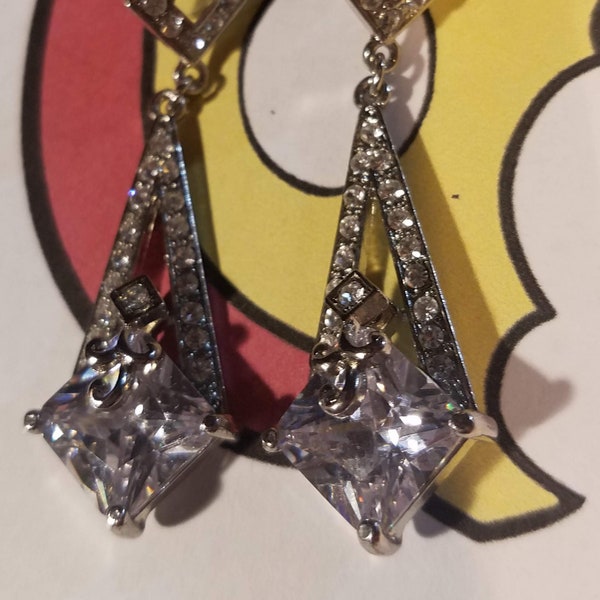 Vintage-Ethnic-Indian-Quality CZ-Diamond Stimulant-Partywear-Fashion Earrings-Bollywood-Signed RA-Pierced-Drop Dangle-Excellent