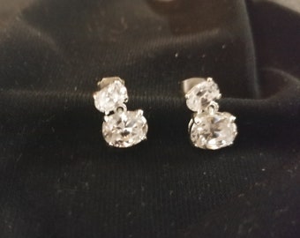 Vintage Silver Toned Dangle Earrings with Stacked Cubic Zirconia Stones. 1/2" Long. Pierced Ears