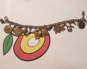 14-Vintage-Silver Tone-Charms On  Chain Linked Bracelet-Designer-Hallmarked By Cora-Luck & Love Themed-Excellent Condition-