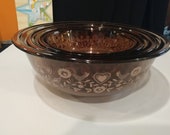 Vintage Set of nesting Pyrex Mixing Bowls- Pink Amber Glass with Pink Forever Yours Motif. 3 Bowls in Set