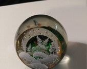 Vintage Hand Painted and Signed Blown Glass Paperweight. Clear with Green Bubble inside and White Gold Painted Winter Scene. Holiday Decor