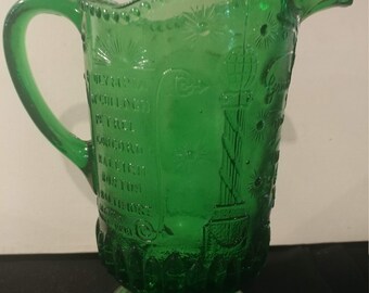 Vintage Early American Pressed Glass Pitcher. Green Glass. Celebrating Admiral Dewey's Victory in the Spanish American War.