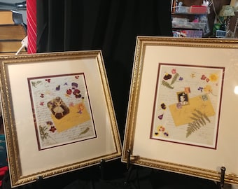 Vintage Pair of 2- Matted & Framed Prints. Pressed Dried Flowers, Collage Style Design. Sized 13" Wide x 15" Long. "Ballerina", "Lovely"