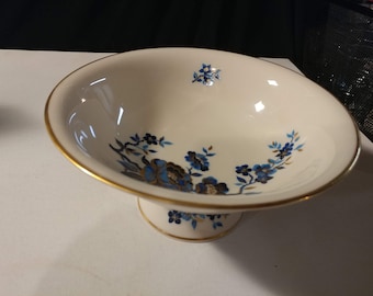 Vintage Porcelain Lenox White Glazed Compote with Blue Floral Pattern and Gold Trim