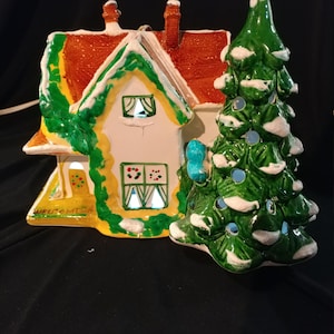 Vintage 1st Edition, Porcelain Light Up Christmas Village House by Enesco. 1 Story House with Snowy Tree. Includes Cable & Bulb.