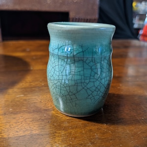 FREE SHIPPING- Small 2-1/8&quot; Tall x 1-1/2&quot;D across Wheel Thrown Jar with Blue-Green Crackled Glaze. Marked SEIZ on Base