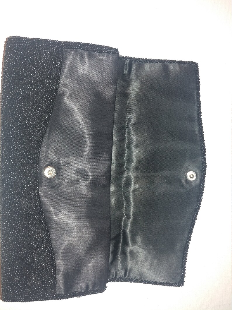 With Bonus Black /& Gold Beaded Mirrored Lipstick Case Made in Hong Kong Vintage Hand Beaded Black Clutch Purse