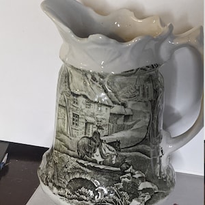 FREE SHIPPING-Vintage Green Transferware James Kent Old Foley Staffordshire England Milk Pitcher. See Description