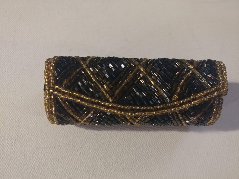 With Bonus Black /& Gold Beaded Mirrored Lipstick Case Made in Hong Kong Vintage Hand Beaded Black Clutch Purse
