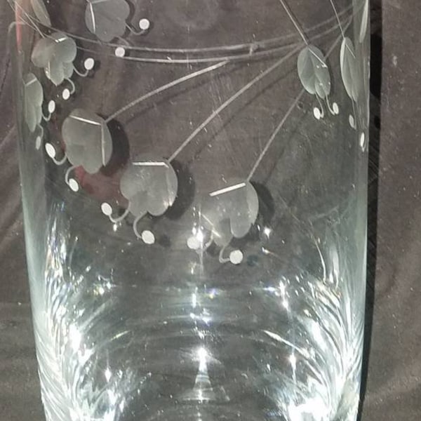 Vintage Clear Crystal Glass Vase with Etched Draping Flowers. Modern Design, Simple & Sweet. 10-1/4" Tall x 4-3/8" Diameters Across