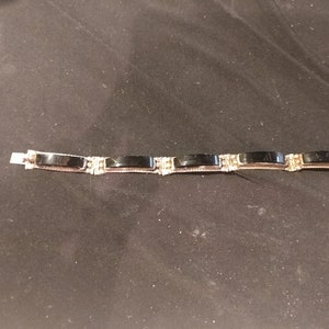 Vintage 925 Sterling Silver Bracelet. Hinged with Links. Rectangle Onyx Stones. Made in Mexico