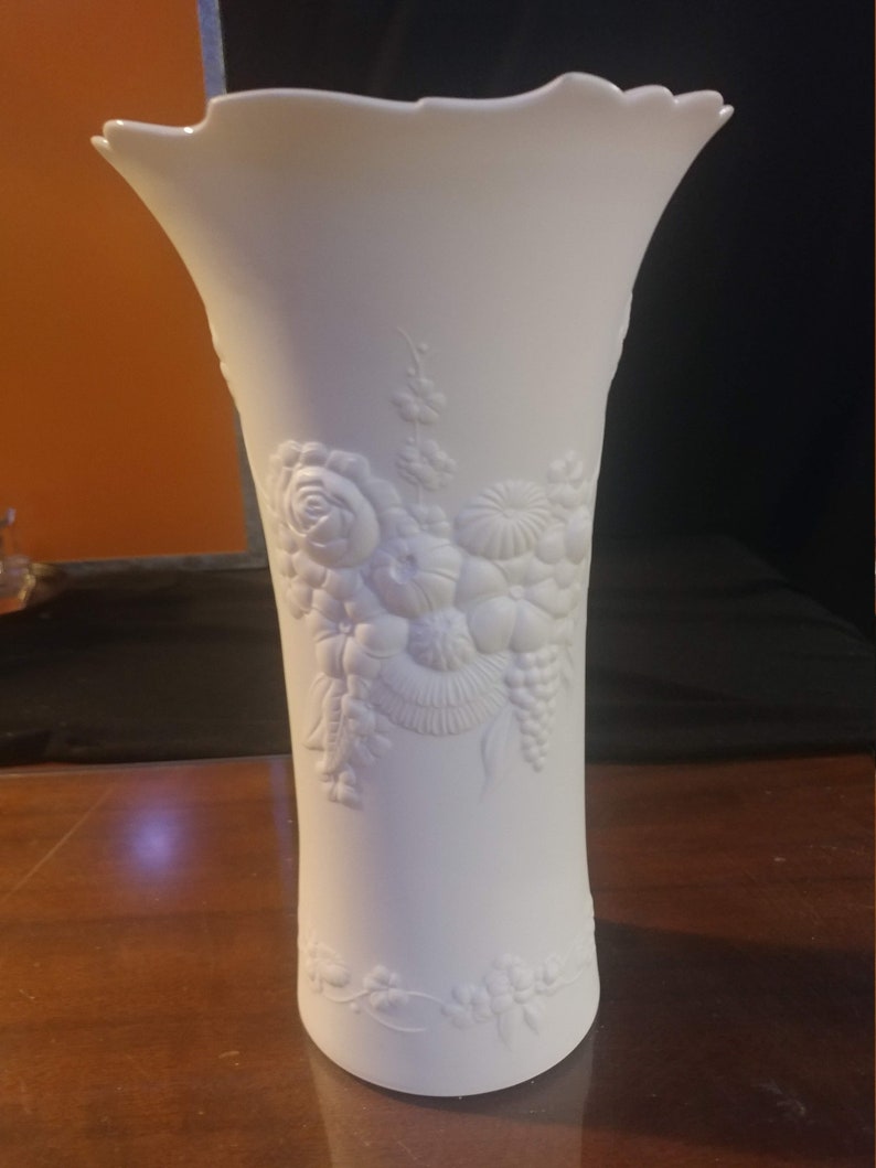 Vintage White Bisque Porcelain M Frey Vase with Rose Motif