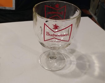 Vintage Budweiser Thumb Print Stemmed Goblet. Red Bowtie Logo on 2 Sides of Glass.