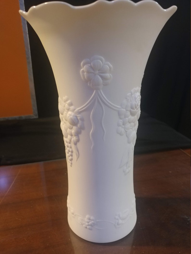 Vintage White Bisque Porcelain M Frey Vase with Rose Motif