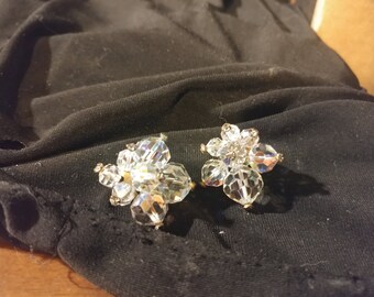 Vintage 1960's Signed Laguna Clip-On Aurora Borealis Crystal Beaded Cluster Earrings with Silver Toned Caps. Beautiful! For Non Pierced Ears