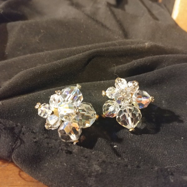 Vintage 1960's Signed Laguna Clip-On Aurora Borealis Crystal Beaded Cluster Earrings with Silver Toned Caps. Beautiful! For Non Pierced Ears