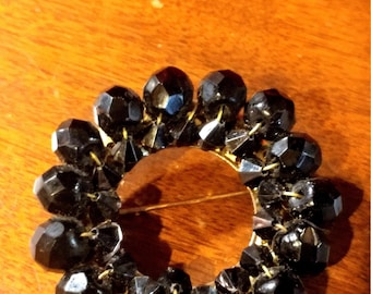 Vintage Cluster Bead Pin/Brooch with Jet Black Glass Beads. Circle Shape with  Gold Toned Accents. Approx. 2"