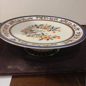 Antique Staffordshire, England Pedestal Plate with Cobalt Blue & Orange Pattern with Gold Accents. Made in 1872