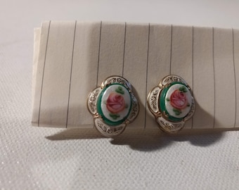 Vintage Screw on Earrings. Guilloche Enameled Pink Rose with Gold Tones. 3/4" Long