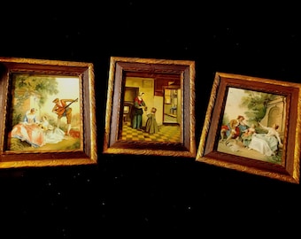 Vintage Set of 3 German Romantic Courtly Love Themed Prints with Gold Accented Frame. 7" Long x 6-1/8" Wide.