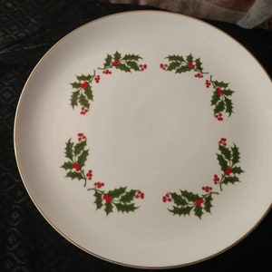 Vintage Porcelain Pedestal/Footed  Cake Stand/Cake Plate. Gold Rimmed Edges with Holly & Berry Design on Plate. 10-1/2" Diameters Across