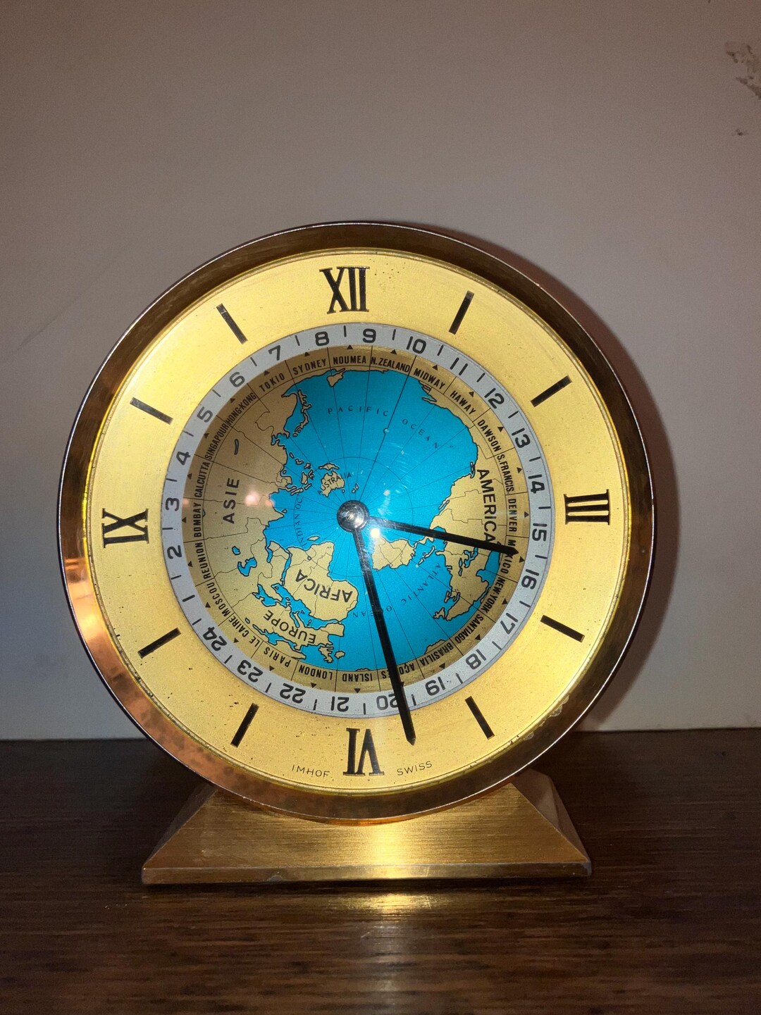 I960's IMHOF Swiss 15 Jewels Gilt Brass Manual Winding 8 Day World