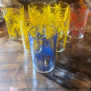 FREE SHIPPING- Set of 7- Hazel Atlas Swanky Swig Juice Glasses with Cornflower Design. See Below