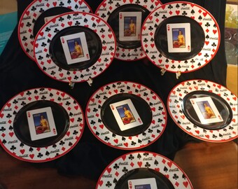 Vintage Set of 8- Melamine 8-1/2"D Plates Featuring Coca-Cola Pin Up Girl/Bathing Beauty with Hearts, Clubs, Spades & Diamonds Motif.