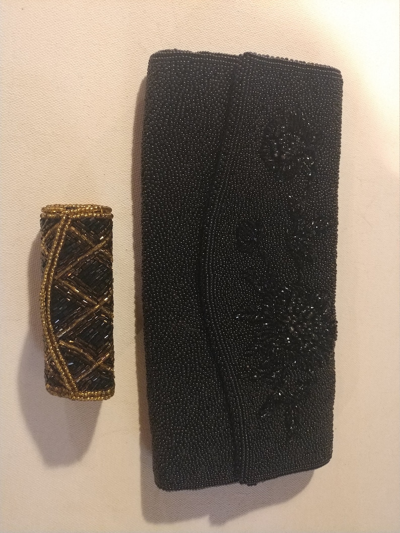 With Bonus Black /& Gold Beaded Mirrored Lipstick Case Made in Hong Kong Vintage Hand Beaded Black Clutch Purse