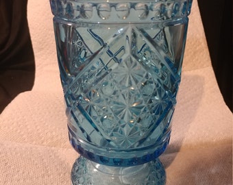 Antique Early American Pressed Glass Richards and Hartley Footed Spooner/Celery Mug. Blue Glass with Daisy and Button Design, Crenelated Rim