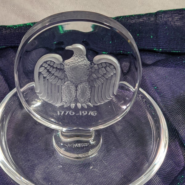 FREE SHIPPING- Vintage Lalique Crystal Ring/Coin Dish with Bald Eagle & 1776-1976 Bicentennial Design. Wonderful Condition!