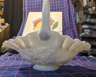 FREE SHIPPING-Vintage Westmoreland Glass White Milk Glass Basket with Rose and Trellis Design. 8-1/4" Long x 6-1/2" Tall