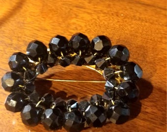 Vintage Cluster Bead Pin/Brooch with Jet Black Glass Beads. Open Oval. Gold Toned Accents. Approx. 2".